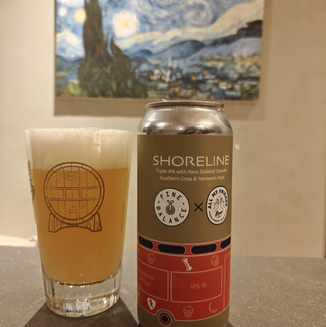 Fine Balance Brewing x All My Friends Beer Co. – Shoreline

ABV: 10,0 % | Stil: Triple New England / Hazy IPA | Untappd: 4,33

Shoreline er tredje stop i Fine Balance Brewings IPA Tour og er brygget sammen med All My Friends Beer Co. En stor Triple IPA på 10 %, der har fået et massivt dry-hop med Freestyle NZ Cascade, Southern Cross og Nectaron. Resultatet er en humlemættet TIPA med tropisk frugt, citrus, fyr og et tydeligt dank præg.